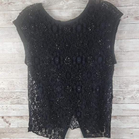 Zara Basic, Black Sequin Lace Women's Blouse, Sz L - Picture 2 of 10